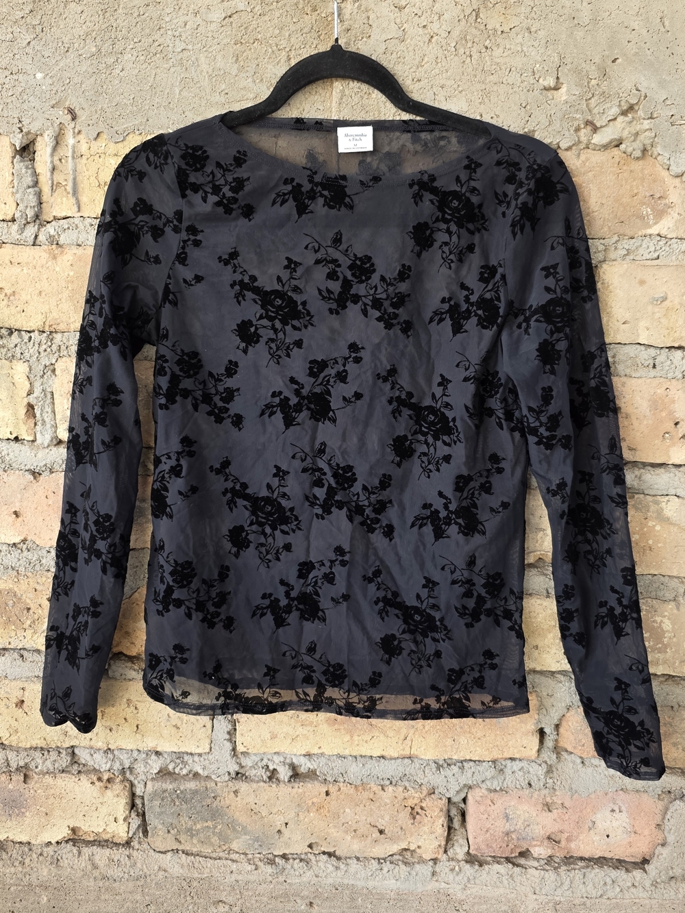 Abercrombie & Fitch Black Floral Flocked Mesh Long Sleeve Top - Size M